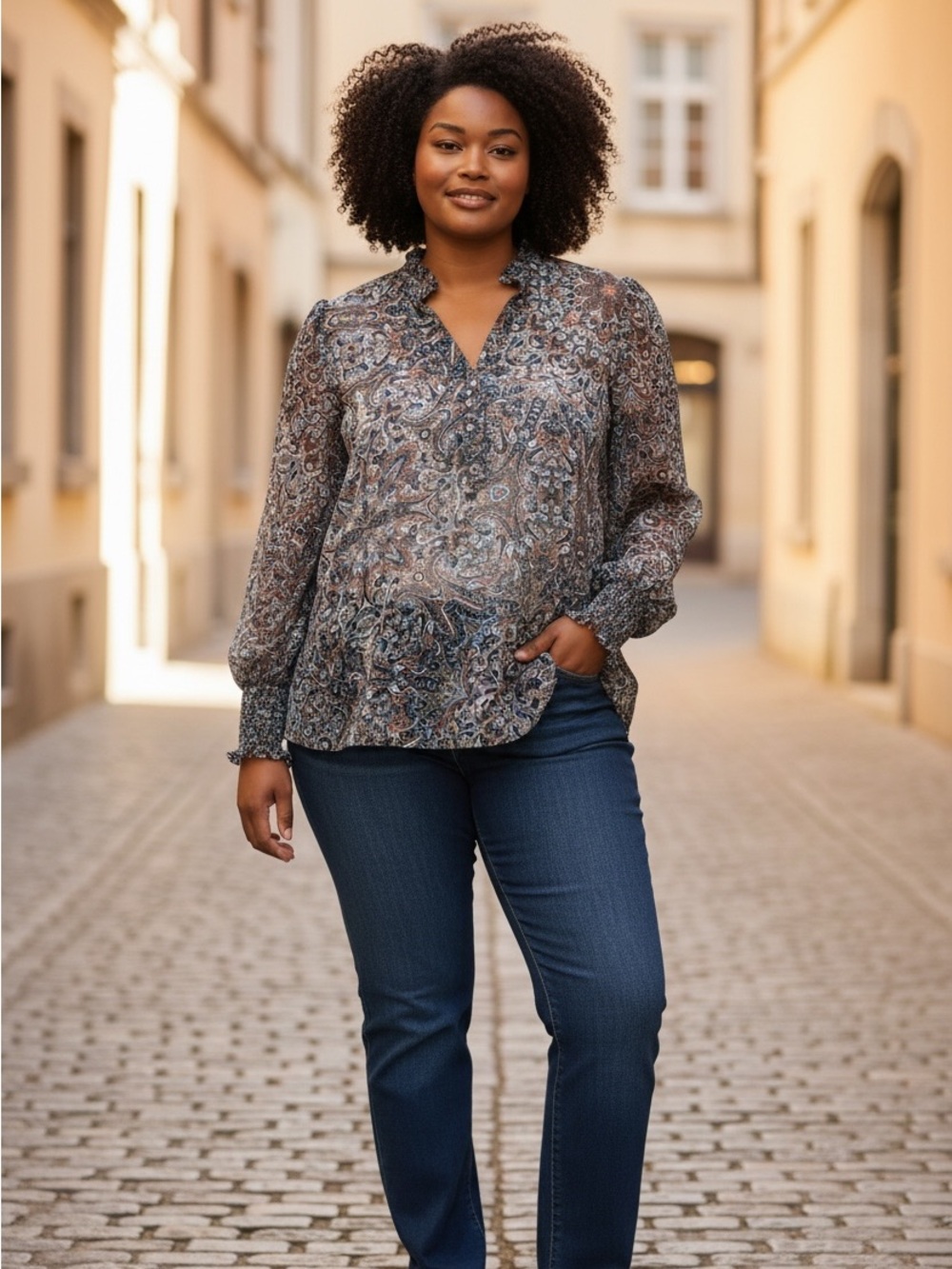MELANIE LYNE Blue Paisley Long-Sleeve Sheer Blouse size 8